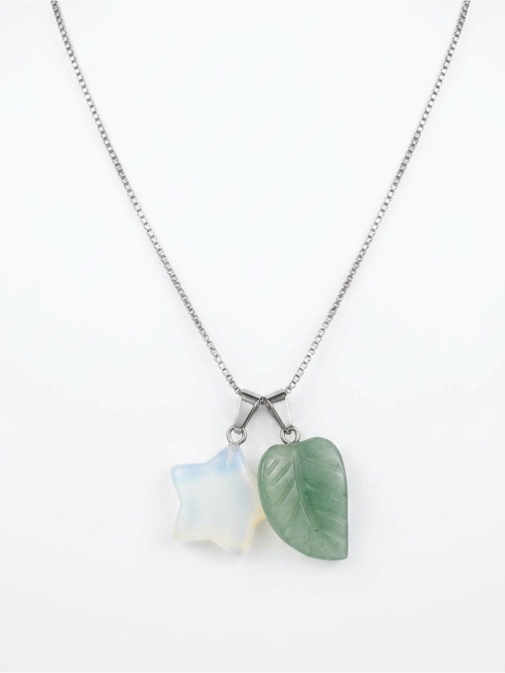 Jade Leaf  and Opal Star sterling silver 16” necklace